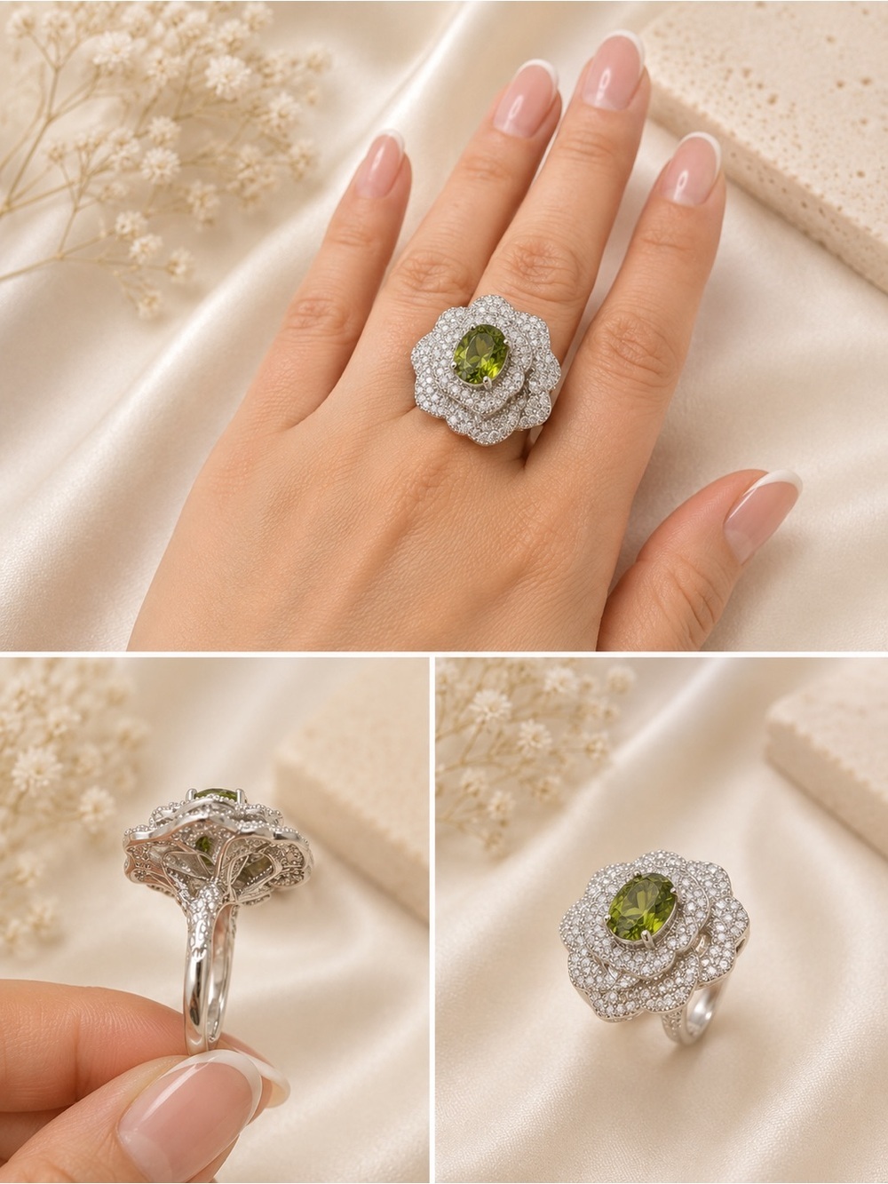 Emerald Green Crystal Flower Ring – Silver Tone Adjustable Cocktail Ring